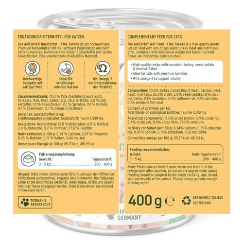AniForte Fine Turkey Nassfutter für Katzen 6 x 400 g – Katzenfutter nass mit viel Truthahn & Gemüse, natürliches Futter für Katzen, Katze Nassfutter getreidefrei, hoher Fleischanteil
