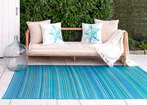 Fab Habitat Outdoor Rug - Waterproof, Fade Resistant, Reversible - Premium Recycled Plastic - Striped - Large Patio, Deck, Sunroom, Camping, RV - Cancun - Turquoise & Moss Green - 6 x 9 ft