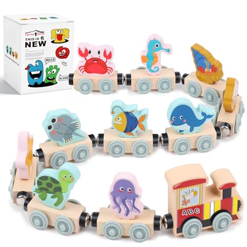 Image of LovesTown Magnetic Wooden Sea Animal Train Set, Montessori Ocean Animal Toys for Kids, Educational Preschool Learning Activities, Toddler Birthday Gifts, 11 PCS