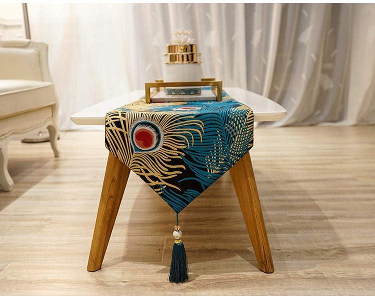 Miniatura 3 de Camino de mesa de pavo real con borlas, camino de pavo real jacquard para fiestas y bodas, camino de plumas de pavo real de 13 x 90 pulgadas