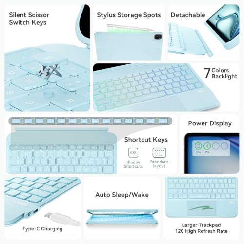 Image of WIWU for iPad Keyboard Case Air 11 Inch M4 /M3 /M2 11th /10th Gen 3 in 1 Magnetic Detachable Case Keyboard Adjustable Stand Backlit Keys Touchpad (Blue, For iPad 11 /10 /Air 5 /4 /11 inch(M2 /M3) Pro 11 inch4 /3 /2 /1)