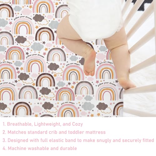 Image of Colorful Boho Rainbow Baby Crib Sheet 52''x28'' Cute Rainbow Clouds Stars Fitted Crib Mattress Cover for Boy Girl Soft Bed Sheet for Standard Size Crib and Toddler Mattresses