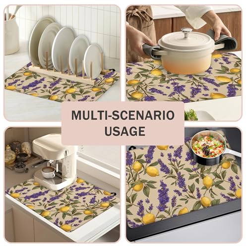 Image of Lavender Lemon Stove Top Covers Pad 28 x 20 inches Dish Drying Mat Coffee Bar Mats Kitchen Decor Absorbent Pad Fit Coffee Maker Machine Dish Drying