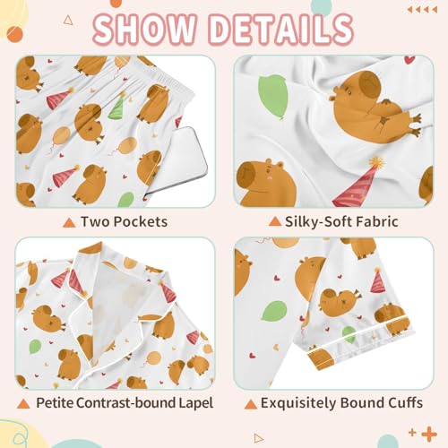 senya Birthday Cat Cute Capybara Satin Summer Pajama Sets Silk Short Sleeve Button Down Sleepwear3