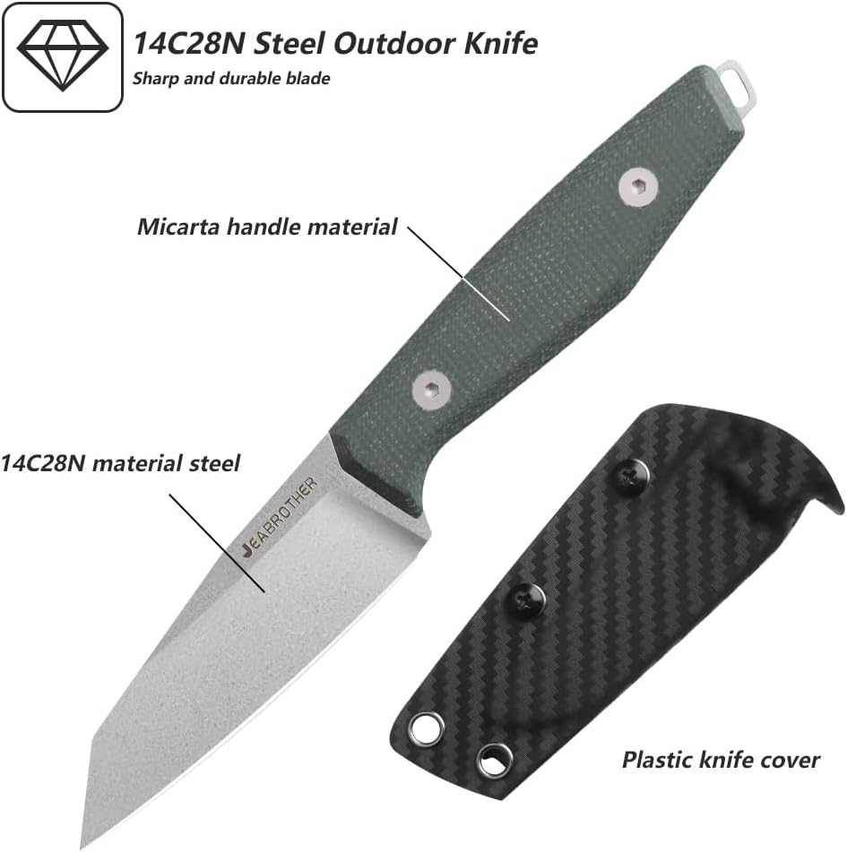 14C28N steel fixed blade knife with kydex sheath, EDC outdoor camping survival hunting fruit knife (Flat stone washing)