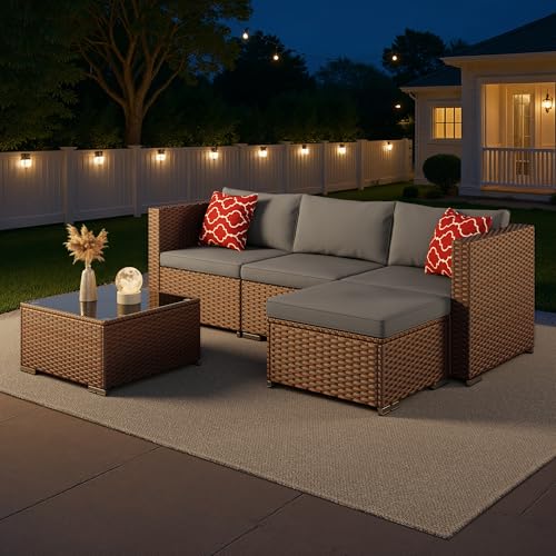 Aiho 5 Pieces Patio Furniture Set All-Weather Outdoor Wicker Sectional Patio Furniture with Cushion and Glass Table (Grey) - Image 3