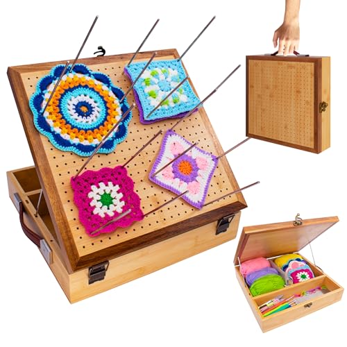OCPO HOME 12'' Crochet Blocking Board - with Storage Drawer & 20 Pegs, Bamboo Granny Square Blocking Board for Crochet Projects, Ideal Crocheting Gifts for Crocheters