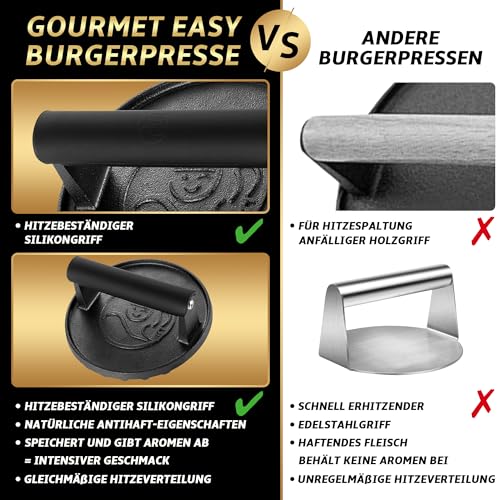 Foto von Gourmet Easy Burgerpresse Gusseisen antihaft | Großer Burger Smasher (Ø15cm) mit hitzeabweisendem Griff | Fleischbeschwerer für schmackhafte Hamburger & Smash Burger | Smash burgerpresse | Smasher