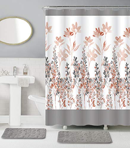 BH Home 15 Pieces Shower Curtain and Super Soft Memory Foam Rugs Set. 100% Microfiber Mats. (Nicole)