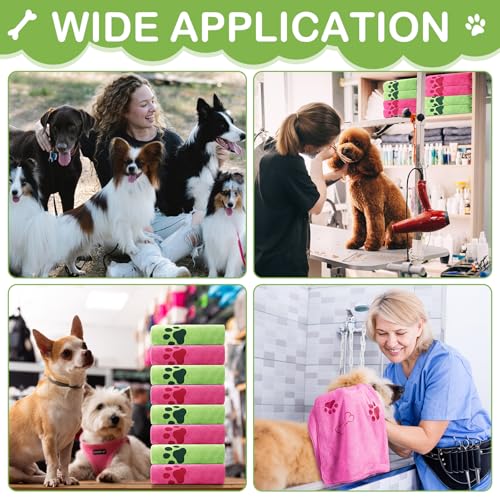 Image of 8 Pcs Dog Towel for Drying, 40 x 24 Inch, Dog Paw and Bone, Pink,Green