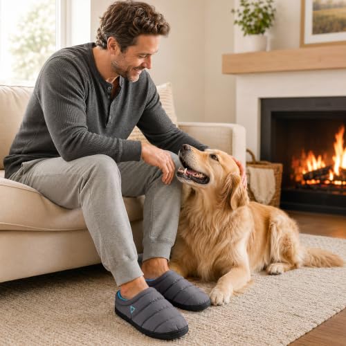 Image of ATHMILE Slippers for Men Water-Resistant Quilted Puffer Upper Memory Foam Slippers Non Slip Indoor Outdoor House Shoes Cozy Slip on Slippers for Home Bedroom Travel Camping Gift