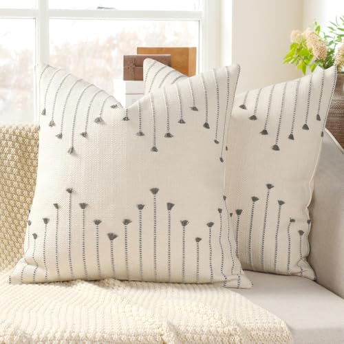 YCOLL Boho Spring Throw Pillow Covers 20x20 Set of 2 Neutral Woven Decorative Pillowcases Cotton Tufted Couch Pillows Modern Farmhouse Cushion Covers for Sofa Couch Bed Living Room Home Decor, Gray