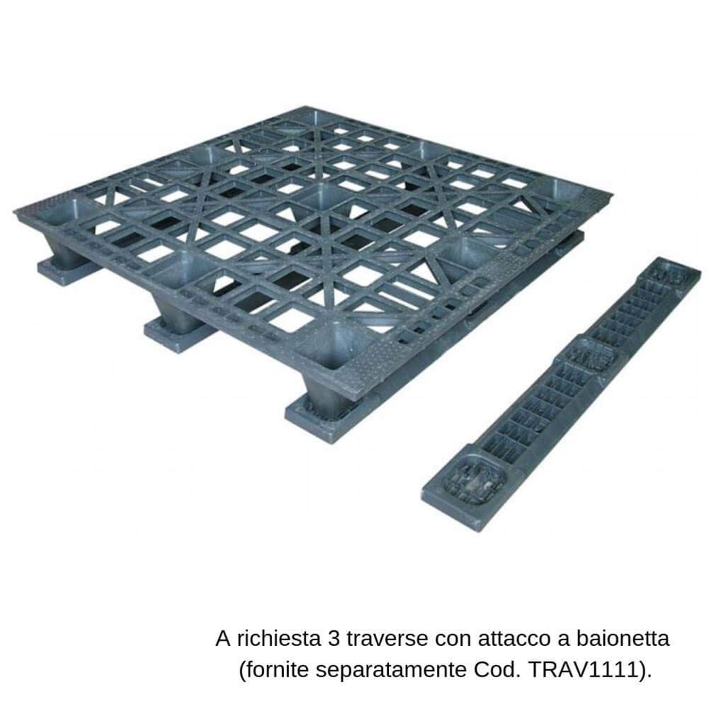 Pallet in plastica riciclata (PP), Mis. 1100 L x 1100 P x 143 H mm, con 9 piedi, piano forato, portata statica 1300 Kg, portata dinamica 800 Kg