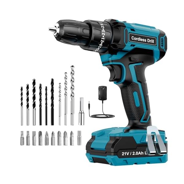 Cordless Drill Driver 21V, LEEIKOO Cordless Hammer Drill Set, 42N.m Battery Drill, 25+3 Torque Set, 2-Speed, LED Light, 2.0AH Battery, 24PCS Electric Drill Set for Home and Garden DIY Project