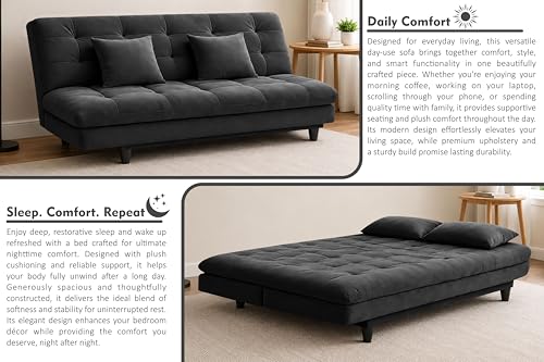 Image of Modern Velvet Convertible 3-Seater Futon Sofa Bed with Tufted Sleeper Couch with Adjustable Backrest- Living Room Furniture-Black-Color