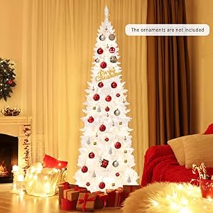HAPPYGRILL 7FT Pre-Lit White Pencil Christmas Tree Artificial Slim Tree, Hinged Xmas Tree with 800 Branch Tips, 300 LED Lights, 8 Lighting Modes HAPPYGRILL 7FT Pre Lit White Pencil Christmas Tree Artificial Slim Tree Hinged Xmas Tree with 800 Branch Tips 300 LED Lights 8 Lighting Modes
