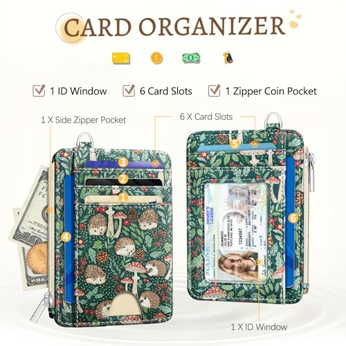 Image of Kelvoris Cute Hedgehog Credit Card Holder, Small Wallet Women, Slim RFID | Keychain, Zipper Coin Pocket, Front Pocket Thin Travel Card Case, Minimalist, 6 Card Slots, 1 ID Window, Ladies Gifts Woman