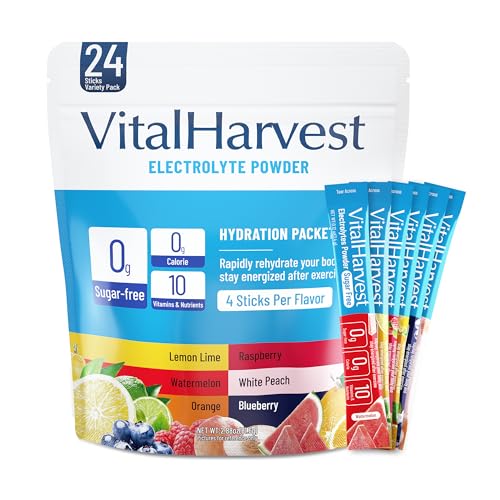Image of 24 Sticks Electrolytes Powder Packets 6 Flavors Sugar Free Hydration Packets Electrolyte Liquid Daily IV Drink Mix with Lemon Lime, Watermelon, Orange, Raspberry, White Peach, Blueberry