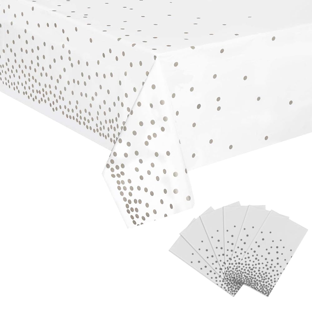 XENGUAN 6 Pack Plastic Tablecloth, 54''x108'' Disposable Waterproof Rectangle Table Cover for Birthday Graduation Wedding Table Decorations (Silver Dot/White)