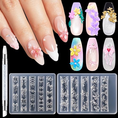 modelones 3D Silicone Nail Art Molds 3D Multiple Flower & Lace Bow Designs with Carving Pen Easy DIY Nail Mold for Gel & Acrylic Reusable Nail Art Tools for Beginners & Professionals