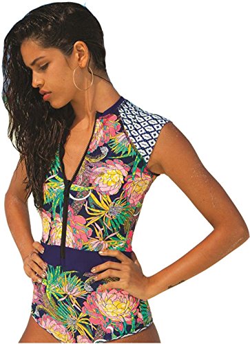 tengweng Womens Zip Front Floral Print Half Sleeve One Piece Swimsuit Rash Guard Swimwear L AOB3