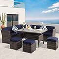 LOUVIXA Patio Furniture Set, 7 Pieces Patio Dining Sets, All Weather Outdoor Wicker Conversation Loveseat Set with Dining Table, Ottoman (227-navy)