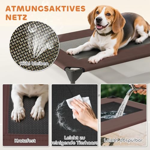 PawHut Hundeliege Outdoor mit Dach, Erhöhtes Hundebett für Mittelgroße Hunde, Kühlendes Haustierliege mit Waschbares Mesh Stahlrahmen Tragtasche, Haustierbett für Draußen Camping 76x61x71cm, Kaffee