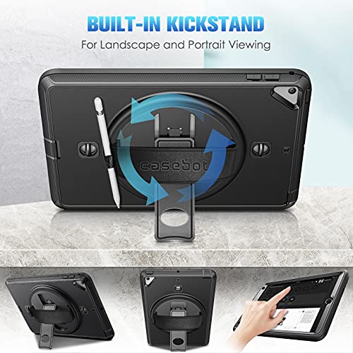 Casebot Case For Ipad Mini 5/4 7.9 Inch With Screen Protector, [360° Rotating Kickstand] Rugged Heavy Duty Full Body Shockproof Cover With Hand Shoulder Strap, Pencil Holder (Black) #TOP2