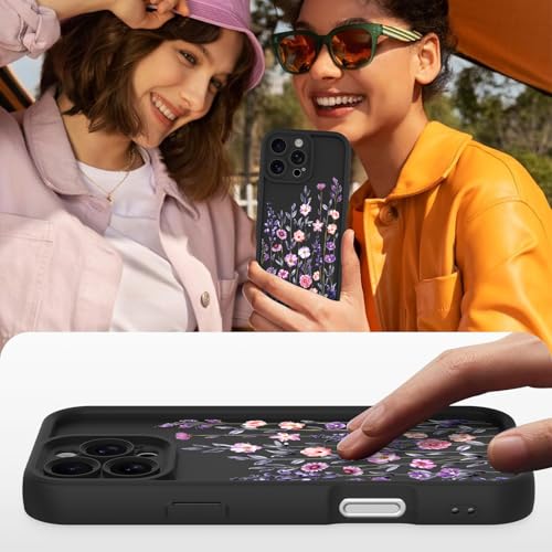 Image of Designed for iPhone 16 Pro Case, Cute Flower Floral Pattern Design, Thickened Soft TPU Liquid Silicone Protective Cover for Women Girls - Black