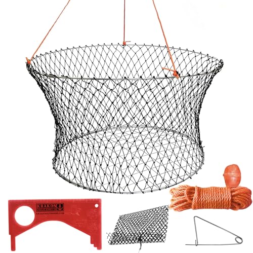 1 Pack Crab Trap Hoop Net Crab Pot 2 Ring Trap for Pier Dock Jetty Dungeness Rock Blue Crabs with Float, Line Bait Clip and Bag 24