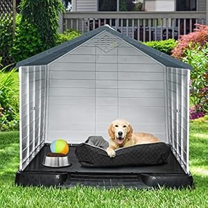 YITAHOME 41” Large Plastic Dog House Outdoor Indoor Doghouse Puppy Shelter Water Resistant Easy Assembly Sturdy Dog Kennel with Air Vents and Elevated Floor (41”L*38”W*39”H, Gray)