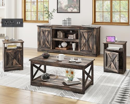 AMERLIFE 4-Piece Farmhouse Table Set Includes Sliding Barn Door TV...