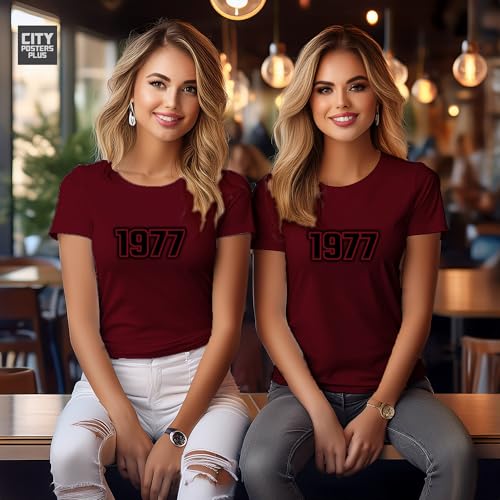 T-shirt 1977 femme bordeaux haut manches courtes col rond coton - 5