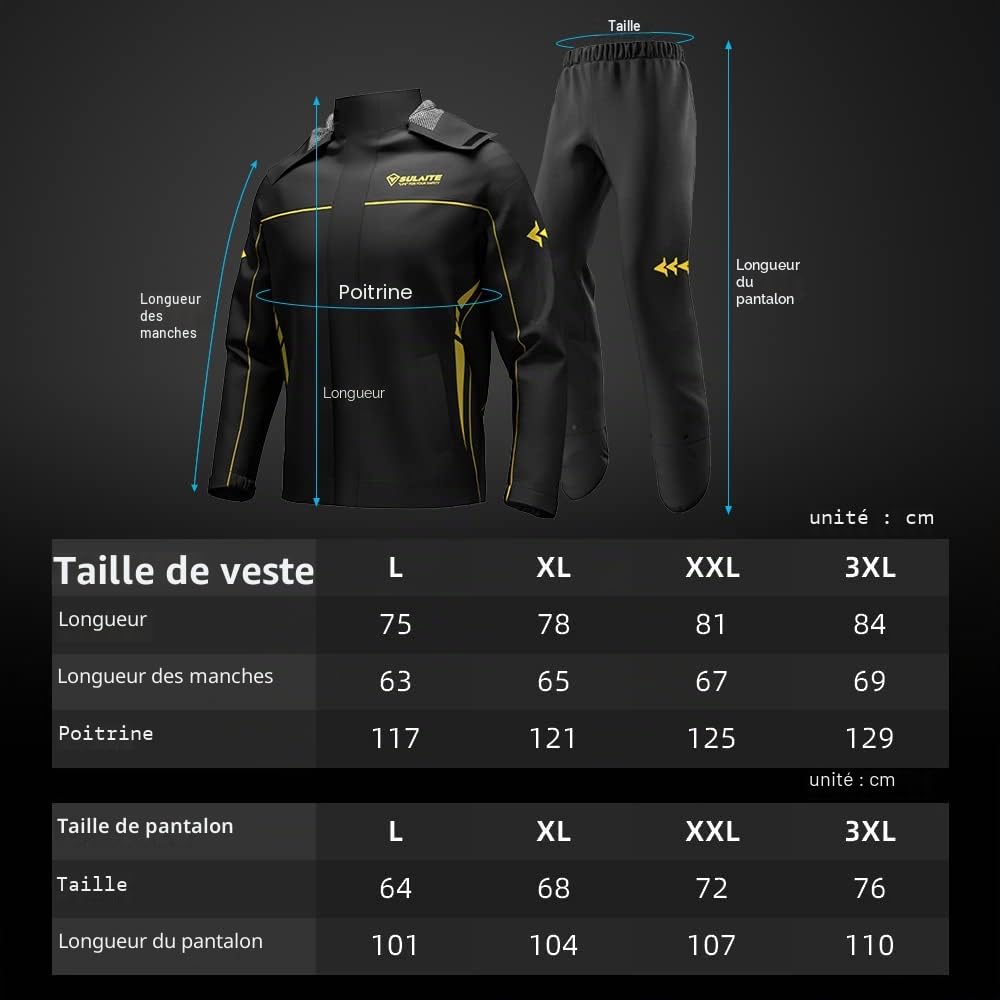 Rain Jacket, Combinaison de pluie de moto imperméable pour hommes et femmes, vêtements de pluie, veste et pantalon avec sac de rangement, veste de pluie imperméable et respirante, Noir , L