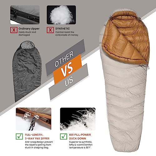MOUNTAINTOP Down Fill Sleeping Bag for Adults Ultralight Backpacking Sleeping Bag Comfort with Compression Sack - 4 Seasons for Camping Hiking Traveling