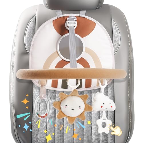 Image of Baby Car Seat Toy, Rear Facing Carseat Toy, Baby Carseat Activity Arch with Baby Mirror Hanging Plush Toys Rattle Teether, Adjustable Sensory Toy for 0-12 Months Baby Infant Girls Boys Gift, Sunrise
