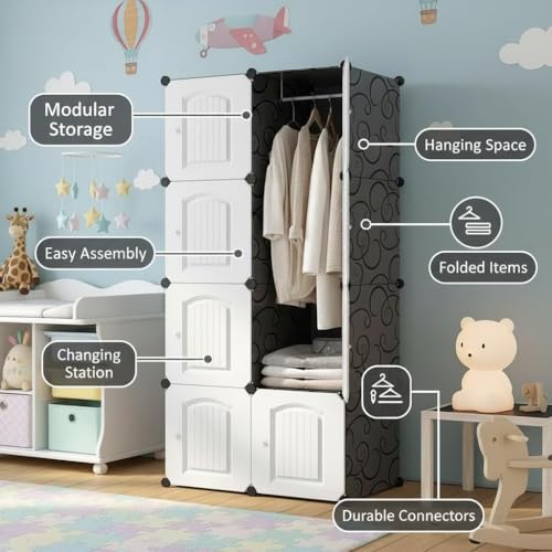 Image of EXVITO Collapsible Wardrobe Storage Cabinet | 8 Door Plastic Modular Clothes Organizer for Kids | Foldable Wardrobe Storage Rack with Hanging Space | Multi-Purpose Kids Closet Organizer - White
