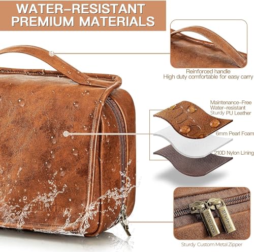 Elviros Hanging Toiletry Bag for Men Travel Essentials 3-in-1 Large Waterproof Dopp Kit PU Leather Shaving Bag with Separate Compartments for Grooming and Toiletries