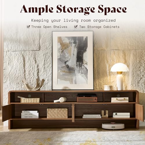 Image of AMERLIFE 70 inch Modern TV Stand for TVs Up to 80 inch, Wood TV Console with Curved Profile Design & 2 Storage Cabinets, Media Console Entertainment Center for Living Room, Brown