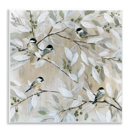 Stupell Industries Chickadee Birds on Tree Branches Soft Berry Fruits, Design by Carol Robinson Wall Plaque, 12 x 12, White