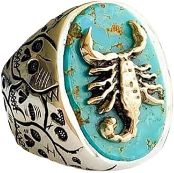 Scorpion Animal Engraved Rings for Men Women Vintage Middle Tail Finger Ring Silver Plated Gothic Punk Personalized Turquoise Carved Animal Scorpion Locomotive Ring Size T1/2