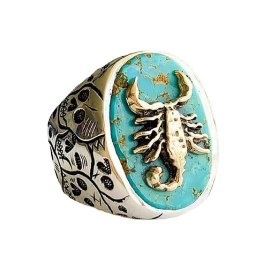 Photo 1 of ASFKIPMF Scorpion Animal Engraved Rings for Men Women Vintage Middle Tail Finger Ring Silver Plated Gothic Punk Personalized Turquoise Carved Animal Scorpion Locomotive Ring Size 12 US Code 12