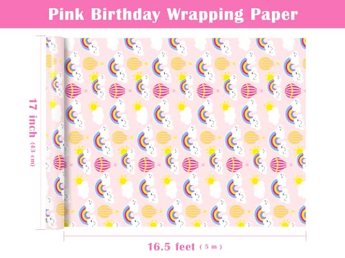 WRAPAHOLIC Pink Wrapping Paper Roll - Mini Roll - 17 Inch x 9.8 Feet - Pink Rainbow, Hot Air Balloon, Cloud Wrapping Paper for Girls Birthday, Baby Shower, Wedding - Thumbnail 3