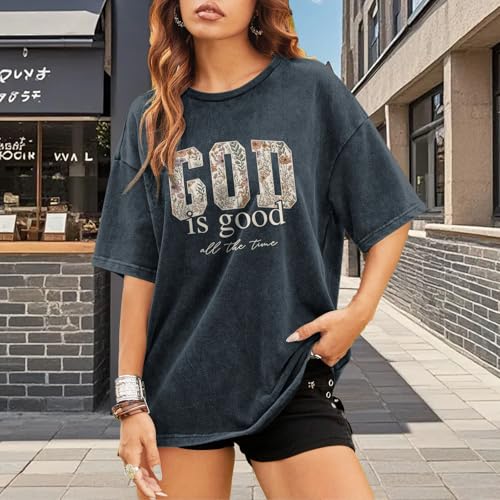 Image of Christian God is Good Shirts for Women Jesus Faith Religious T Shirts Floral Graphic Oversized Acid Washed Tee Tops