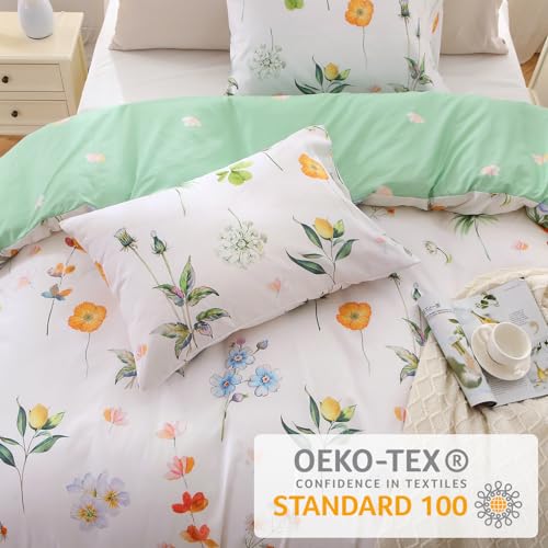 MUXHOMO Duvet Cover Queen Size, Reversible Floral Multicolor Duvet Cover Set with Zipper Closure, 3 Pieces Botanical Patterns Soft Microfiber Bedding Set with 4 Ties (90"x90", 2 Pillow Cases)
