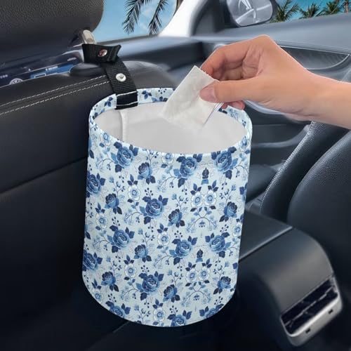 Image of Blue Roses Car Rubbish Bin Portable Waste Basket Can Foldable Auto Waste Storasge Bag Holder with Adjustable Strap for Camping, Travelling, Picnic