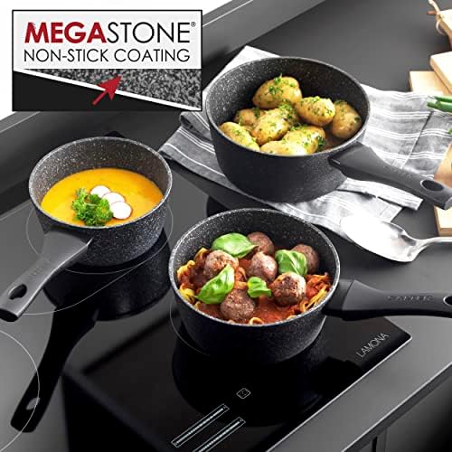 Salter BW05751S Megastone Collection Non-Stick Forged Aluminium 3 Piece Saucepan Set, Dishwasher & Metal Utensil Safe, Induction Hob Suitable, 16/18/20cm, PFOA Free, Silver