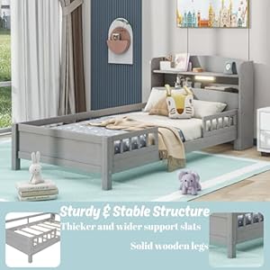   Twin-Bed-Frame-with-Storage-Headboard-and-Fence-Rails-Wood-Low-Platform-Beds-with-LED-Light-and-Slat-Support-for-Kids-Boys-Girls-Teens-No-Box-Spring-Needed-Twin-Size-Rustic-Gray