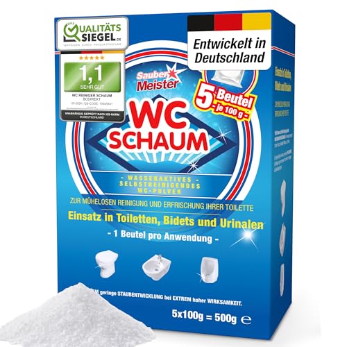 Sauber Meister WC Schaumreiniger – Extra starker WC Schaum in Pulverform für gründliche Sauberkeit – Entfernt hartnäckigen Kalk & Urinstein – WC-Reiniger extra stark – 5 x 100 g