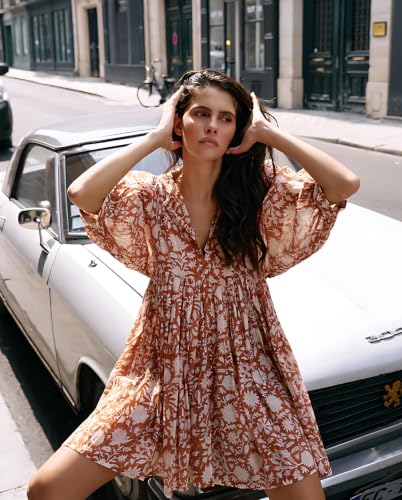 Image of Boho Dresses for Women Floral V Neck Puff SLVS Babydoll Short Beach Dress